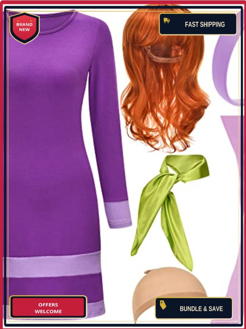HMPRT Women's Halloween Costume Set Long Sleeve Mini Dress with Wig &